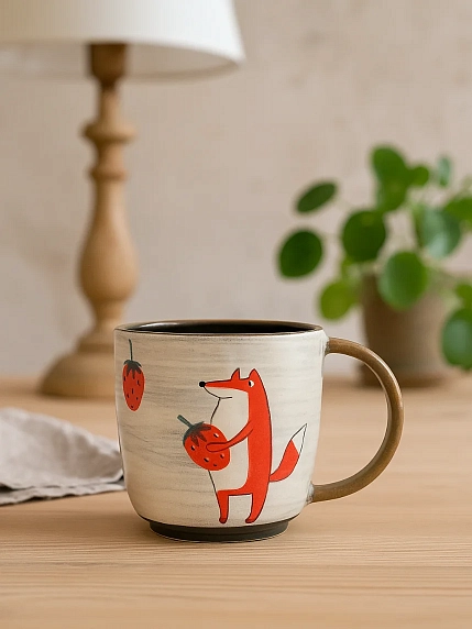 Кружка ручной работы Ким керамика с росписью Лис с клубникой, керамика, 450 мл, фото 2.