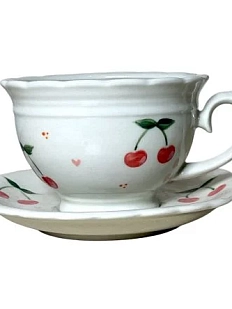 Чайная пара ручной работы Slowday Ceramics «Вишенки», полуфарфор, 250 мл