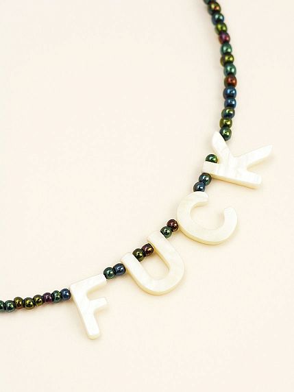 Чокер ручной работы с надписью перламутровыми бусинами «F*ck», бисер, зелёный, фото 4.