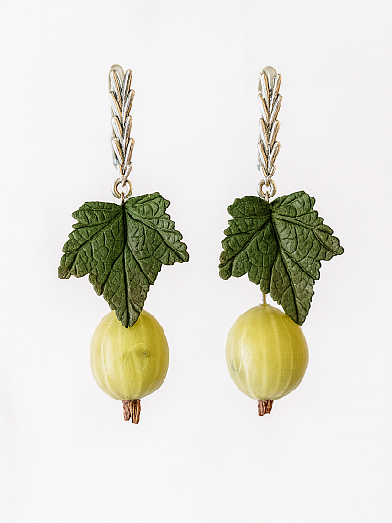 Серьги «Крыжовник с листиком», полимерная глина, фото 1.