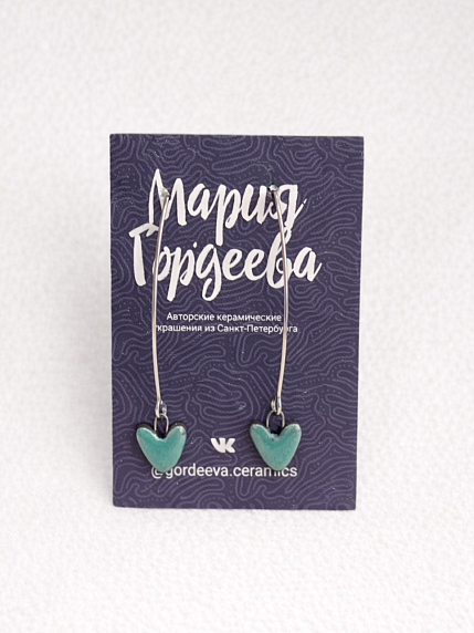 Серьги на длинной петле Сердечки, керамика, бирюзовые, фото 1.