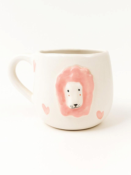 Кружка ручной работы с фигуркой «Лев», с розовыми сердечками, полуфарфор, 250 мл, фото 1.
