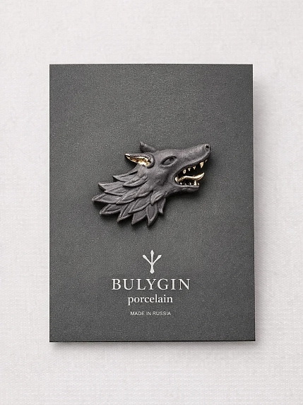 Брошь ручной работы Фарфор Булыгина «Волк», чёрно-серебристая, фото 4.