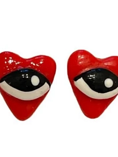 Серёжки-гвоздики Радость Рядом «Сердечки с глазами», полимерная глина, красные