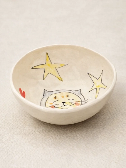 Пиала ручной работы НАДО ЖЕ с росписью «Кот и звёзды», белая, керамика, 10 см, фото 2.
