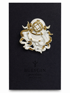 Брошь ручной работы Bulygin «Осьминог», фарфор, бело-золотистая