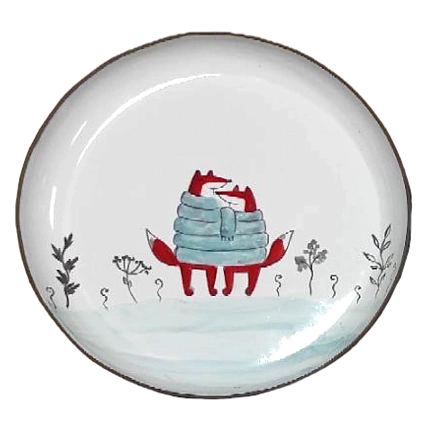 Тарелка ручной работы Ким керамика с бортиком Пара лисичек в шарфе, белая, 21 см, фото 1.