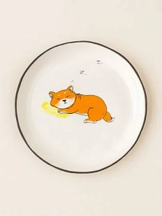 Тарелка ручной работы Ким керамика с бортиком Спящая сиба-ину с подушкой, белая, 17 см