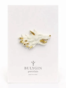Брошь ручной работы Фарфор Булыгина «Волк», бело-золотистая