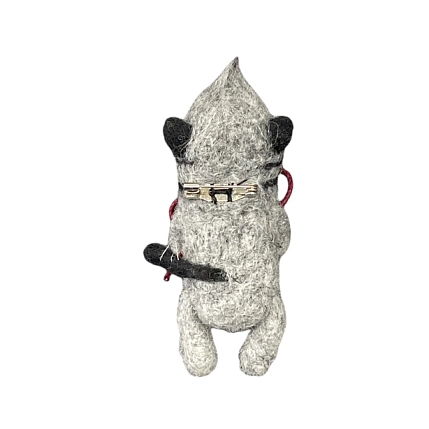 Брошь ручной работы Серый котик с рыбкой, шерсть, фото 2.