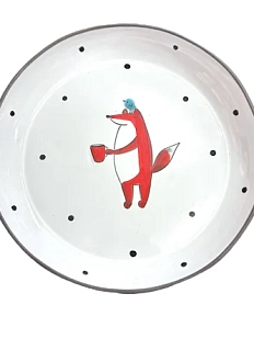 Тарелка ручной работы Ким керамика с бортиком Лис в горах с птичкой, белая, 17 см