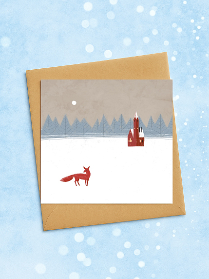 Квадратная зимняя сканди открытка «Пейзаж с лисицей», фото 2.