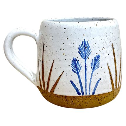Кружка ручной работы Синие цветы, бежевая, керамика 300 мл, фото 1.