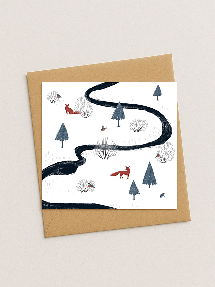 Квадратная зимняя сканди открытка «Пейзаж со зверятами», фото 1.