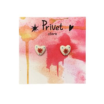 Серьги-гвоздики Звер ручной работы «Сердечко с красным цветочком», белый, керамика, фото 1.