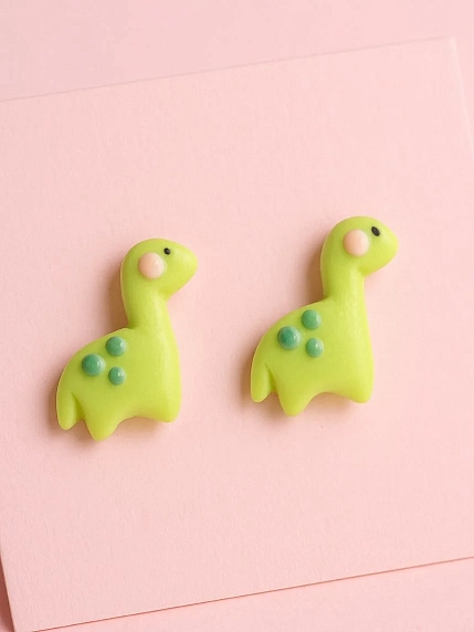 Серёжки-гвоздики Радость Рядом «Динозаврики», полимерная глина, зеленые, фото 2.