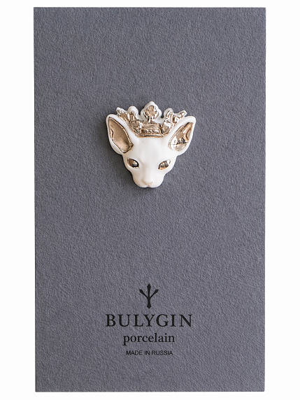 Брошь ручной работы Bulygin «Королева кошек», бело-серебристая, фарфор, фото 2.