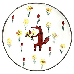 Тарелка ручной работы с бортиком Лис с цветами, белая, 14 см