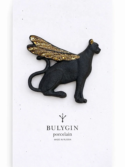 Брошь ручной работы Фарфор Булыгина «Гепард», чёрно-золотистая, фото 1.
