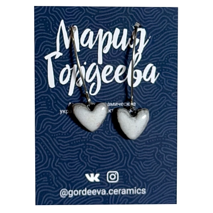 Серьги Мария Гордеева Сердечки, на петле, керамика, белые, фото 1.