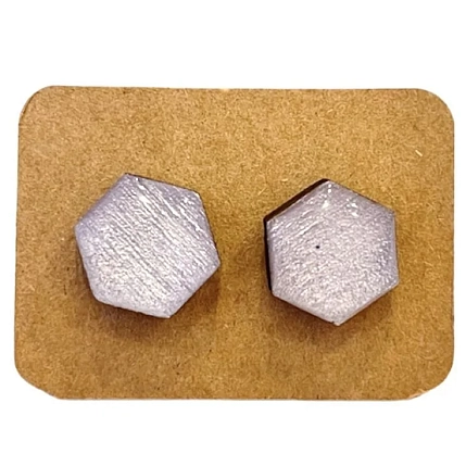 Серёжки-гвоздики Ручками-Ручками «Соты», дерево, гипоаллергенный сплав, розовые блёстки, фото 1.