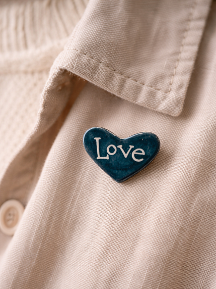 Брошь ручной работы Elizabeth Madar сердечко Love, тёмно-синяя, керамика, фото 3.