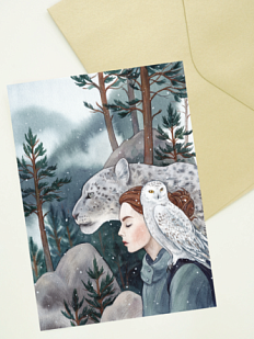 Открытка «Снежный барс, сова и девушка», Спешилова Анна