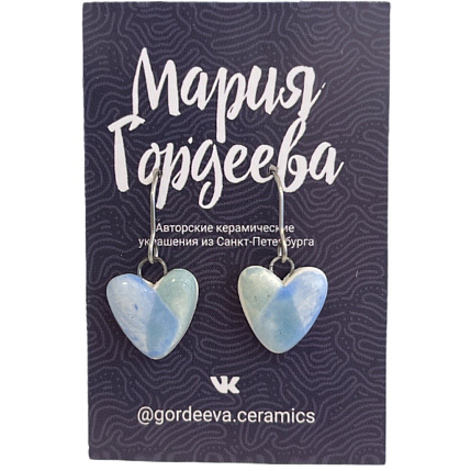 Серьги на петле Сердечки, керамика, голубые, фото 1.