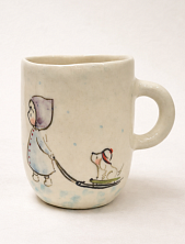 Кружка ручной работы НАДО ЖЕ с росписью «Девочка с собачкой на санках», белая, керамика, 300 мл