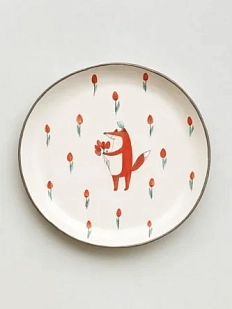 Тарелка ручной работы Ким керамика с бортиком Лис с тюльпанами, белая, 21 см