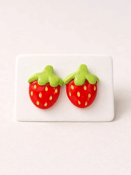 Серёжки-гвоздики Радость Рядом «Клубнички», красные, полимерная глина, фото 1.