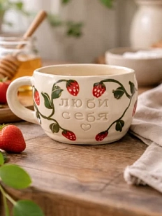 Кружка ручной работы с клубникой «Люби себя», керамика, 300 мл