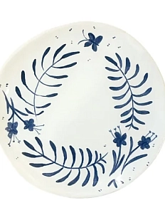 Блюдце Августа с синей росписью Бабочки, белое, 13 см