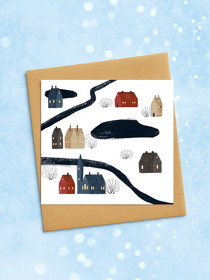 Квадратная зимняя сканди открытка «Пейзаж с домиками», фото 2.