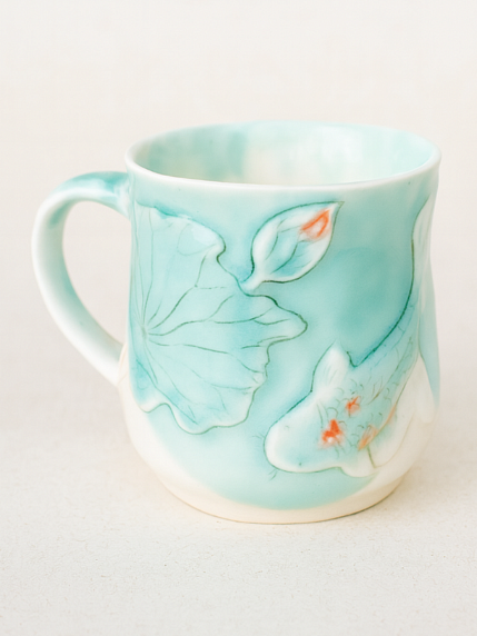 Кружка ручной работы «Лотос и карп», зелёная, фарфор, 430 мл, фото 2.