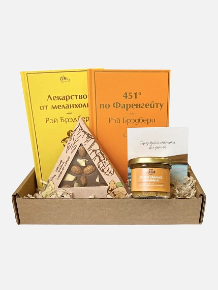 Подарочный набор с книгами «451 градус по Фаренгейту», «Лекарство от меланхолии» и сладостями, фото 1.