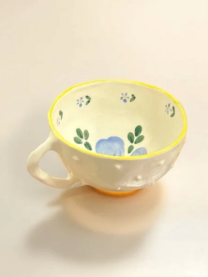 Кружка Быкова керамика с шипами и синими цветами, бело-жёлтая, керамика, 200 мл, фото 3.