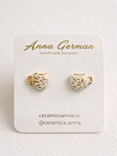 Серёжки-гвоздики «Кружечки в полоску», фарфор, бело-золотистые