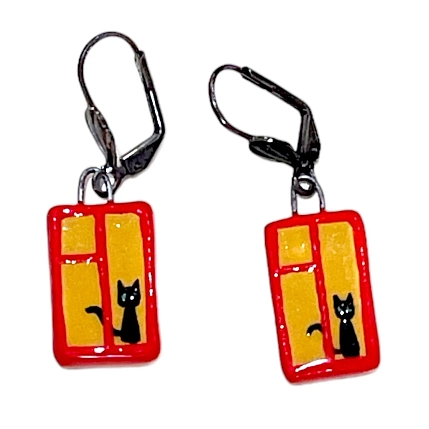 Серьги-конго Боттери керамика «Чёрный кот за окном», керамика, красные, фото 1.