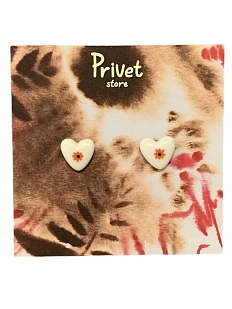 Серёжки-гвоздики Звер ручной работы Сердечки с цветочком, кремовый, керамика