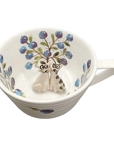 Чашка для чая ручной работы Мадам де Тюль с фигуркой внутри Пара котиков с голубикой, голубая, фарфор, 250 мл