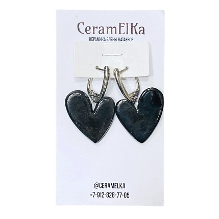 Серьги КерамЕлКа «Сердечки», фарфор, чёрные металлизированные, фото 1.
