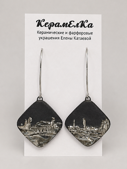 Серьги КерамЕлКа «Город», прямоугольные, фарфор, чёрно-серые, фото 1.