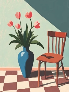 Постер интерьерный DARI DARI «Ваза с тюльпанами и стул», А4