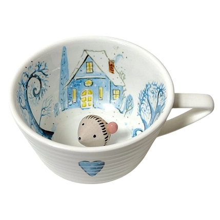 Чашка для чая ручной работы Мадам де Тюль с фигуркой внутри Ёжик в зимнем лесу, фарфор, 250 мл, фото 2.