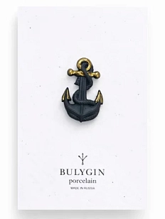 Брошь ручной работы Фарфор Булыгина «Якорь», чёрно-золотистая