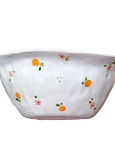 Глубокая тарелка ручной работы «Розовые цветы и мандаринки», керамика, 17,5 см