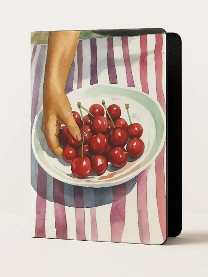 Обложка на паспорт DARI DARI «Тарелка черешни на полосатой скатерти», искусственная кожа, фото 1.