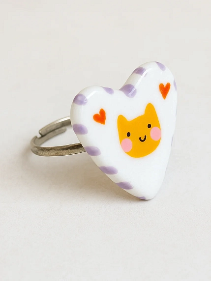 Кольцо Радость Рядом «Сердце с рыжим котиком», полимерная глина, незамкнутое, белое, фото 2.