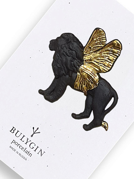 Брошь ручной работы Bulygin «Лев», фарфор, чёрно-золотистая, фото 2.